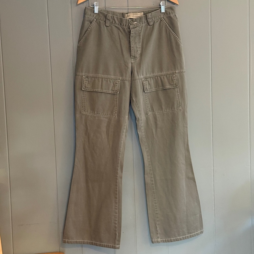 American Eagle Y2K Low Rise Flare ButtonFly Cargo Pants Gray Green Womens 12